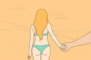 Honeymoon, family, love, travel, beach concept. Young couple in love girl and boy teens meet at ocean, sea. Spouses man and woman on island. Husband and wife happy. Heavenly pleasure. Flat vector. vector