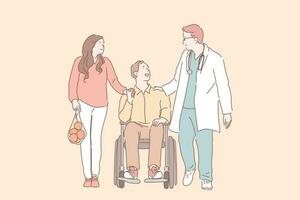 Disability, injury, health, support concept. Young man in wheelchair with his wife talking to physiotherapist. Positive prognosis, rehabilitation. Invalid guy and girl met with doctor. Flat vector. vector