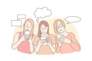 Online communication, correspondence, message app concept. Messaging, chatting, positive and negative emotions, good and bad news, young women with smartphones and speech bubbles. Simple flat vector