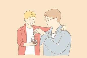 Fatherhood, childhood, money, help concept. Cartoon characters young man father helps child kid son giving investing coins to jar. Pocket money accumulation parent providing for children, fathers day. vector