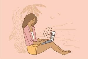 Business, freelance, recreation, vacation concept. Young happy smiling afrcian amercian businesswoman girl freelancer sitting on coast beach working laptop. Active lifesstyle recreation and travelling vector