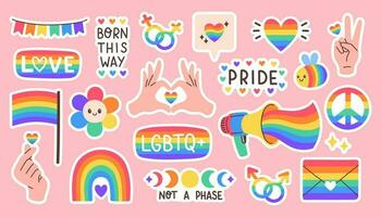 LGBT sticker pack on pink background. LGBTQ set. Symbol of the LGBT pride community. Set of LGBT pride or Rainbow elements in various shapes design. LGBT flag or Rainbow flag. Vector illustration.