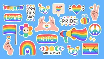 LGBT sticker pack on blue background. LGBTQ set. Symbol of the LGBT pride community. Set of LGBT pride or Rainbow elements in various shapes design. LGBT flag or Rainbow flag. Vector illustration.