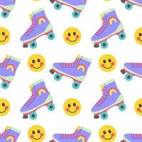 90s seamless pattern with  roller skates on white background. Vector background with stickers, pins, patches in cartoon 80s 90s pop art comic style.