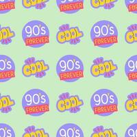 90s seamless pattern with stickers 90s forever and cool. Vector background with stickers, pins, patches in cartoon 80s 90s pop art comic style.