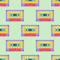 90s seamless pattern with audio cassette. Vector background with stickers, pins, patches in cartoon 80s 90s pop art comic style.