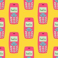 90s seamless pattern with mobile phone on yellow background. Vector background with stickers, pins, patches in cartoon 80s 90s pop art comic style.
