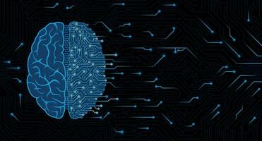 Illustration of blue brain top view half human, half machine brain with circuits on dark circuit board background with random lights with copy space. Artificial intelligence concept vector
