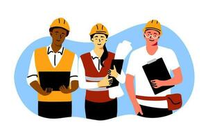 Building, industry, teamwork, engineering concept. Team of builders architects engineers foremen characters standing together and looking at camera. Technician occupation industrial labor illustration vector