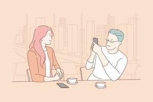 negocio, entrevista, publicidad, Blog concepto. joven hombre y mujer reunió en almuerzo negociaciones en informal ajuste. periodista conduce encuesta a exitoso mujer de negocios durante desayuno. plano sencillo vector. vector