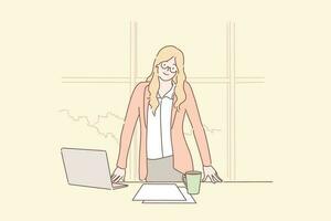 Businesswoman or manager in office, greeting concept. Young business woman, company chief, leader, boss, clerk or manager is on office workplace with coffee and laptop. Business greeting. Vector