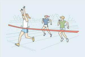 Triumph, sport, victory, success, competition concept. Young happy excited smiling woman girl athlete runner crosses finish red line with ribbon first and winning race. Goal achievement illustration. vector