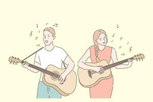 Music band, playing guitar, duet singing concept. Friends playing musical instruments. Young guitarists amateur performance. Musicians couple with acoustic guitars. Simple flat vector