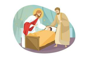 Religion, bible, christianity concept. Jesus Christ son of God Messiah prophet biblical character makes miraculous healing of sick ill child kid boy by touching. Divine help and blessing illustration. vector