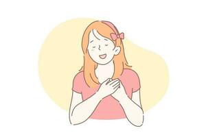Happy person body language movement concept. Happy girl with hands crossed on chest gesture, pleased woman with closed eyes, feeling positive emotions. Simple flat vector