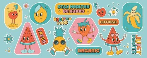 Collection of summer fruit stickers in groovy retro style. Set of healthy natural food stickers, product labels and tags. Mascot characters. vector