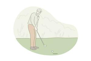 Playing golf, active rest, outdoor activity concept. Old man on golf course hitting ball with club. Retiree enjoying open air recreation. Pensioners active lifestyle. Simple flat vector