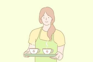 Cofee, barista, service, offer, order advertising concept. Young happy woman girl barista waitress in apron holds tray with two cups of hot cofee. Cofeehouse advertising. Taking order. Service sphere. vector