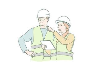 Construction, business, engineering, project plan concept. Young woman master businesswoman explains to builder foreman instructions and requirements. Teamwork, working together leaders. Flat vector. vector