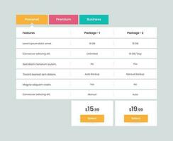 Minimal service subscription pricing comparison table design for website vector