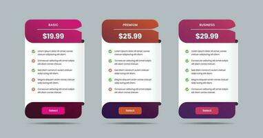 Modern pricing comparison table for product or business service subscriptions vector