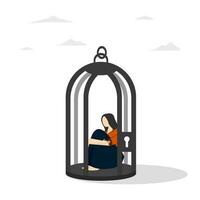 Stuck or trapped, anxiety or depression, solitude and loneliness, fixed mindset or mental health problem, fear of escaping concept, depressed woman locking herself sitting in birdcage. vector