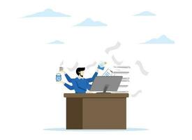 Workaholic, overworked, lots of documents concept, businessman busy multitasking or tired and tired from overwork, workaholic businessman working hard at his office desk with work papers. vector