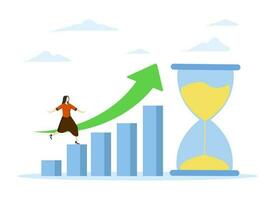 Time value of money, make profit or investment profit concept, long term investment, compound growth or successful business growth, woman walking up graph with hourglass metaphor. vector