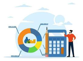 Cost structure, budget or savings concept, debt and investment analysis, cost and income balance calculation, income, money management, businessman with calculator with pie chart of cost structure. vector