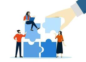 Build your team, help or assist, work together or collaborate for success, lead to develop teamwork or business partners, giant businessman hand linking jigsaw puzzle with office business team. vector