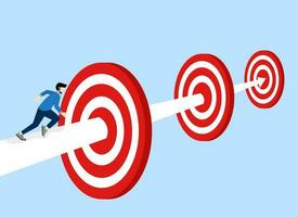 Achievement or challenge to achieve business targets and goals, journey to success in work and career concept, goals and objectives, confident businessman walking arrow path through target. vector