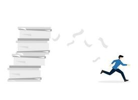 Overworked or overworked, panic attack or shock, stressed and tired from problems and troubles, tired and anxious, exhausted and depression concept, scared businessman running from documents. vector