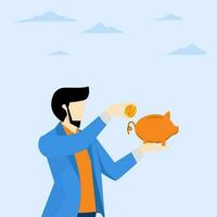 Saving money, saving money for future or wealth and deposit concept, generating growth, investment or financial gain, businessman investor putting dollar coin in piggy bank. vector