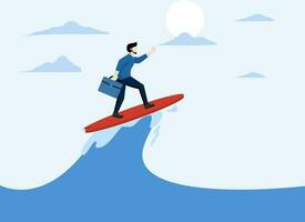 Follow business trend or momentum, professional experienced worker or career development concept, challenge to overcome difficulties, entrepreneur expert surf or ride the wave to success. vector