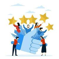 customer feedback, measurement of customer satisfaction and star rating, satisfactory rating, person giving a star with hand giving a thumbs up sign, vector illustration on a white background.