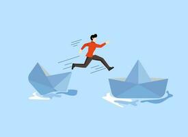 Running away from risk or danger, changing jobs or moving to a new better workplace concept, running away from failure, frustrated businessman jumping to escape from a sinking ship to a better place. vector