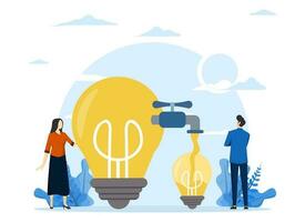 Share ideas or share knowledge, creativity or innovation, learn new skill concepts, transfer information or wisdom to employees or colleagues, business people transfer ideas to new light bulbs. vector