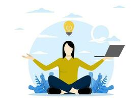 Meditation or calming mind workflow concept, with a woman meditating. thoughts and emotions, lotus position, thought processes, initiating and generating ideas. Flat vector illustration