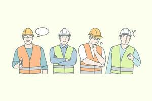 construcción ingeniero trabajar, pensamientos y ideas, diferente emociones concepto. edificio industria, trabajadores en cascos y uniforme, hombres en trabajo ropa, personas en varios posa sencillo plano vector