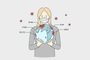 Report, biohazard, coronavirus, danger concept. Young woman cartoon character in medical face mask holding planet earth in hands. COVID19 desease and 2019ncov infection live data statistics vector. vector