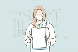 Healthcare, medicine, coronavirus, infection, diagnosis concept. Young woman girl doctor nurse character with medical face mask holding board. 2019ncov protection and covid19 desease illustration. vector