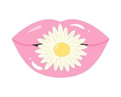 Cute pink pastel lips with chamomile flower between teeth. Female glossy open lips with daisy. Vintage trendy y2k patch vector