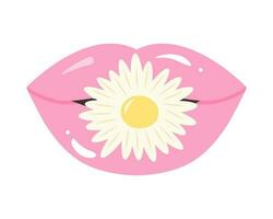 Cute pink pastel lips with chamomile flower between teeth. Female glossy open lips with daisy. Vintage trendy y2k patch vector