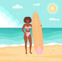 africano americano mujer en traje de baño con tabla de surf en el playa. Hora de verano, marina, activo deporte, surf, vacaciones concepto. plano dibujos animados vector ilustración.