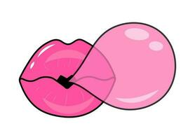 Lips blowing bubble gum. Vintage fashion contour cartoon design. Nostalgia for the 80s, 90s. vector