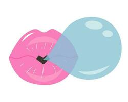 Cute pastel glossy lips with gum bubble. Female mouth inflates a bubble of chewing gum. Vintage trendy y2k patch or sticker vector