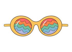 Hippie rainbow sunglasses. Groovy retro fashion style. Round glasses with wave rainbow pattern. Vector illustration isolated on white background.