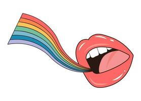 Open mouth with rainbow from it. Groovy retro psychedelic cartoon element. Vector illustration isolated on white background.