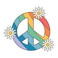 Hippie retro groovy rainbow peace symbol with daisies. Boho psychedelic cartoon element. Vector illustration isolated on white background.