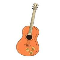 Hippie guitar with flowers ornament. Vintage retro musical instrument. Vector illustration isolated on white background.